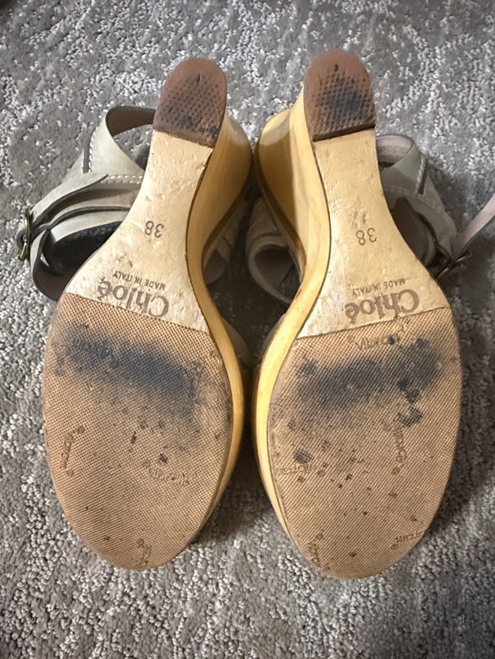 Chloé Neutral Leather Wedge Sandals | 5” Wooden Heel | Beige Strappy Platform - Picture 7 of 9
